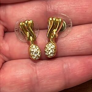 Vintage Swarovski Gold Tone Twist and Clear Crystal Pave Drop Earrings